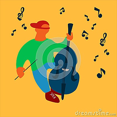 Street musician playing double bass. Contrabassist making a performance. Vector illustration in abstract flat style Vector Illustration