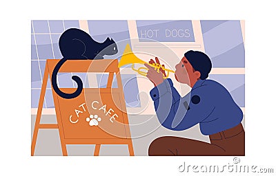 Street musician plays wind instruments. Young performer, trumpet player blowing on golden horn in city. Talented Vector Illustration