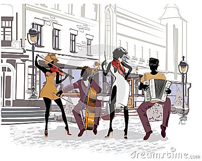 Street musicians in the city. Jazz band. Vector Illustration