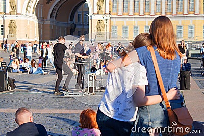 Street musicians perform for tourists and tips on city center Pa Editorial Stock Photo