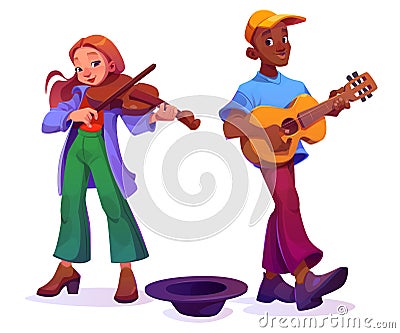 Street musicians playing on guitar and violin Cartoon Illustration