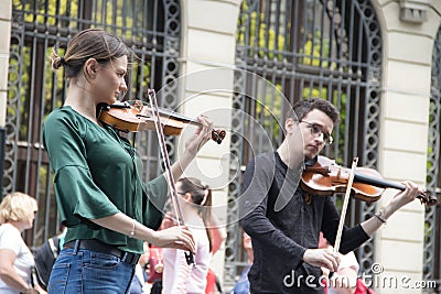 Street musicians playing violin at streets of Belgrade Editorial Stock Photo