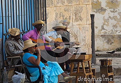 Street musicians in Plaza de la Catedral, HAVANA, CUBA. Editorial Stock Photo