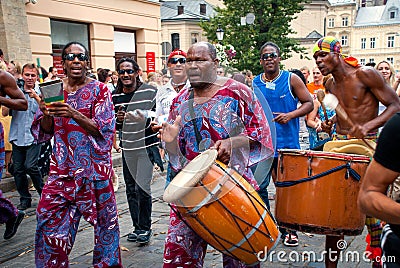 Street musicians procession in Lviv Editorial Stock Photo