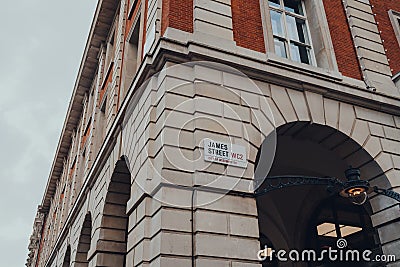Street name sign on a building in James Street in Covent Garden, London, UK Editorial Stock Photo