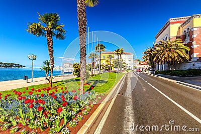 Street near the harbor in the city of Porec town on Adriatic sea. Stock Photo