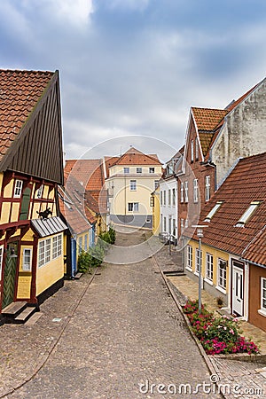 Street with old houses in historic city Sonderborg Editorial Stock Photo