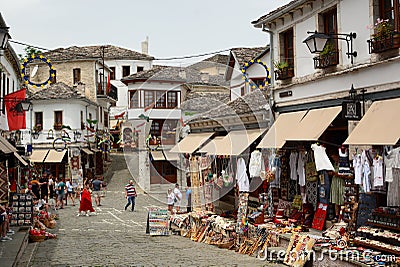 A street in the old town center. Gjirokaster. Albania Editorial Stock Photo