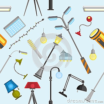 Street outdoor and home lamps light electric equipment vector seamless pattern background Vector Illustration