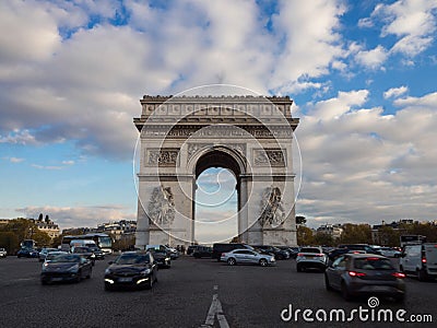 Street panorama view of historic Arc de Triomphe Etoile monument landmark traffic Champs Elysees Paris France Europe Editorial Stock Photo