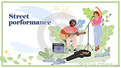 Street performance of acoustic music band landing page Vector Illustration