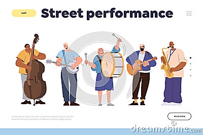 Street performance landing page design template with musician playing different music instrument Vector Illustration