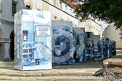 The street photo exhibition devoted to the 70 anniversary of elimination of the Jewish ghetto in the city of Lodz, Poland Editorial Stock Photo