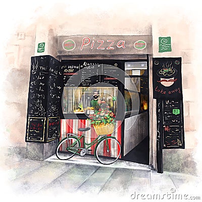 Street pizzeria with a cheerful Italian chef Stock Photo