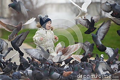 Street portrait of the little boy feeding pigeons with bread Stock Photo