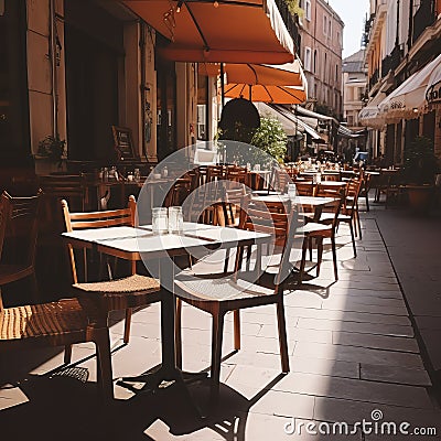 Street Restaurant Table, Empty Cafe Tables, Bar Terrace, Outdoor Restaurants, Outside Trattoria Stock Photo