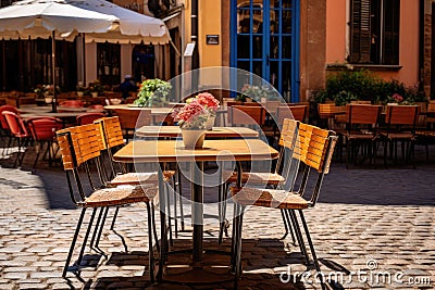 Street Restaurant Table, Empty Cafe Tables, Bar Terrace, Outdoor Restaurants, Outside Trattoria Stock Photo