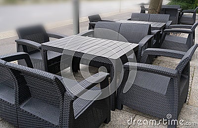 Street Restaurant Table, Empty Cafe Tables, Bar Terrace, Outdoor Restaurants, Outside Trattoria Stock Photo