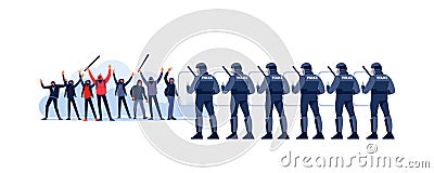 Street riots Crowds of people at a demonstration and Police in Riot Gear Holding the Line. Angry youth protest, holding Vector Illustration