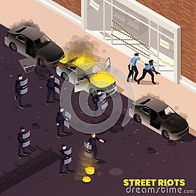 Street Riots Isometric Background Vector Illustration