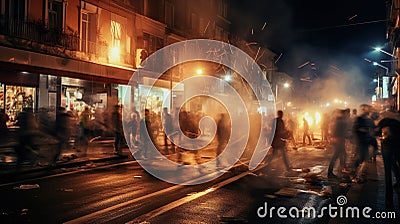 Street riots with people motion blur view long exposure, concept of Anarchy, created with Generative AI technology Stock Photo