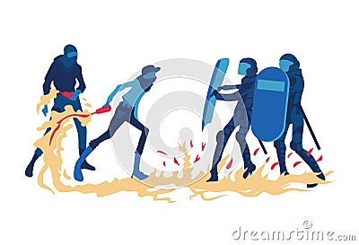 Street riots and protests. Protesting men with a Molotov cocktail are confronting the police. Vector illustration Vector Illustration