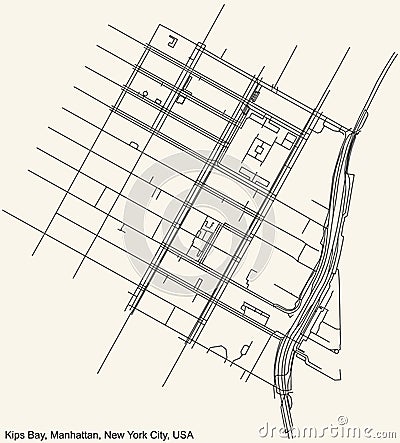 Street roads map of the Kips Bay neighborhood of the Manhattan borough of New York City, USA Vector Illustration