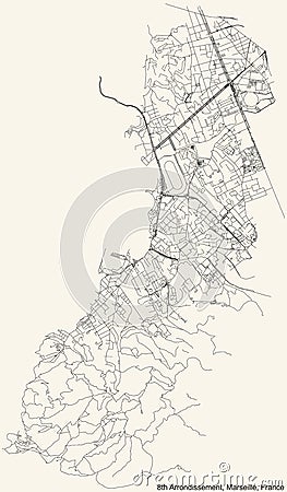 Street roads map of the 8th Arrondissement of Marseille, France Vector Illustration