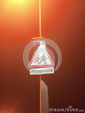 Street safety sign school children neighborhood, transport traffic warning, red triangle, playground Stock Photo