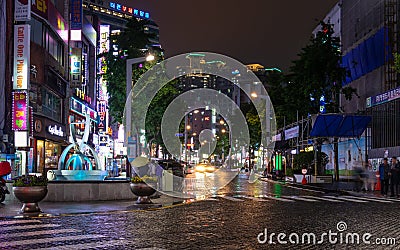 Street Scenario with Buildings, Central Square and traffic during Night of Busanjin District, Busan, South Korea. Asia Editorial Stock Photo