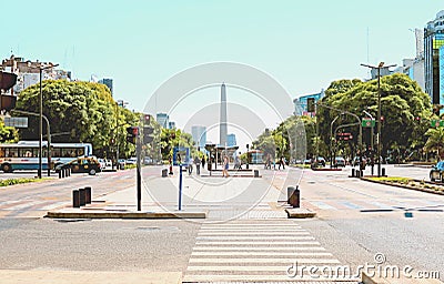 Street Scene of Avenida 9 de Julio with the Obelisk of Buenos Aires in Distance, Buenos Aires Downtown, Argentina Editorial Stock Photo