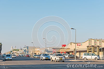 Street scene with businesses and vehicles in Walvis Bay Editorial Stock Photo