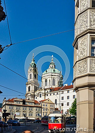 Red and White Tram, Central Prague, Czech Republic Editorial Stock Photo