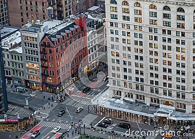 Street scene from Midtown Manhattan, NY seen from overhead showing cars, people and buildings Editorial Stock Photo