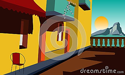Street scene at the seaside with colorful buildings Stock Photo