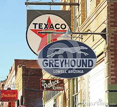 A Street Scene of Vintage Signs, Lowell, Arizona Editorial Stock Photo