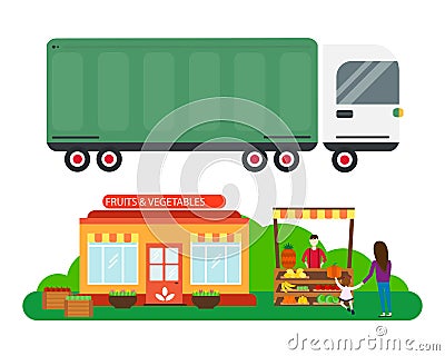 Street seller with stall fruits and truck cargo city transportation vector illustration. Vector Illustration