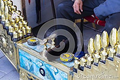 Street shoe cleaners in the city of Istanbul in Turkey Editorial Stock Photo