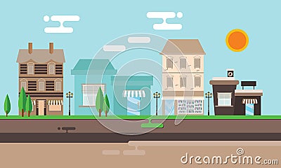 Street shop building flat illustration town old vintage mall store Vector Illustration