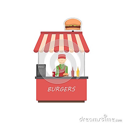 Street shop burgers . Fast food kiosk in flat style. Vector Illustration