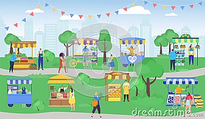 Street shop market vector illustration, cartoon flat people shopping, woman man characters with shopper bag, city summer Vector Illustration