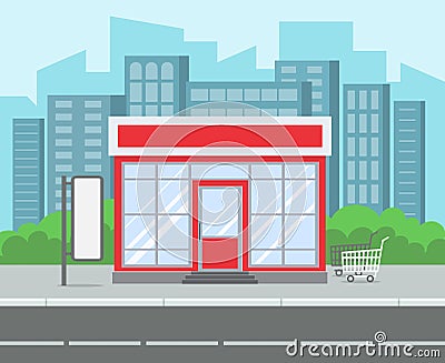 Street shop. Retro grocery store house supermarket exterior city street. Shopping retail building at road cartoon vector Vector Illustration