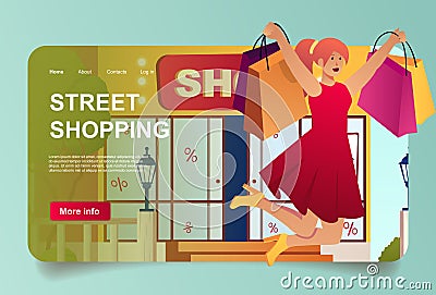 Street shopping with customer concept in cartoon design for landing page. Woman buyers jumping with bags near stores and making Vector Illustration