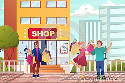 Street shopping with customers concept in flat cartoon design Vector Illustration