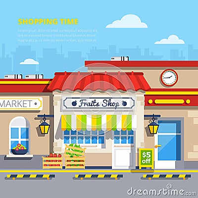 Street Shops Flat Design Concept Vector Illustration