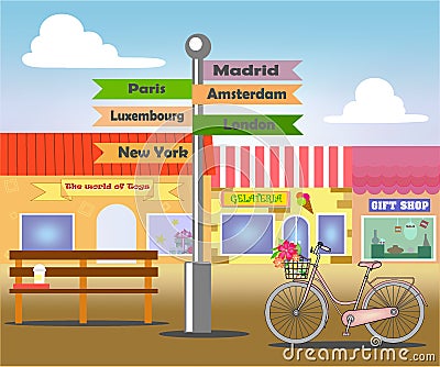 Street with shops Vector Illustration