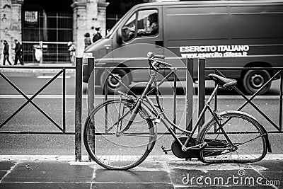 Street shot of a broken bike in Rome Editorial Stock Photo