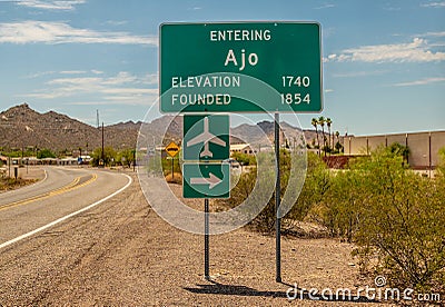 Street sign for Ajo, Arizona. Entrance to city. Stock Photo