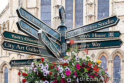 Street sign with directions to several landmarks in the english city of York Stock Photo