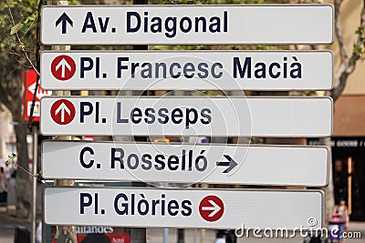 Street Sign displaying some Main Roads in Barcelona, Spain Stock Photo